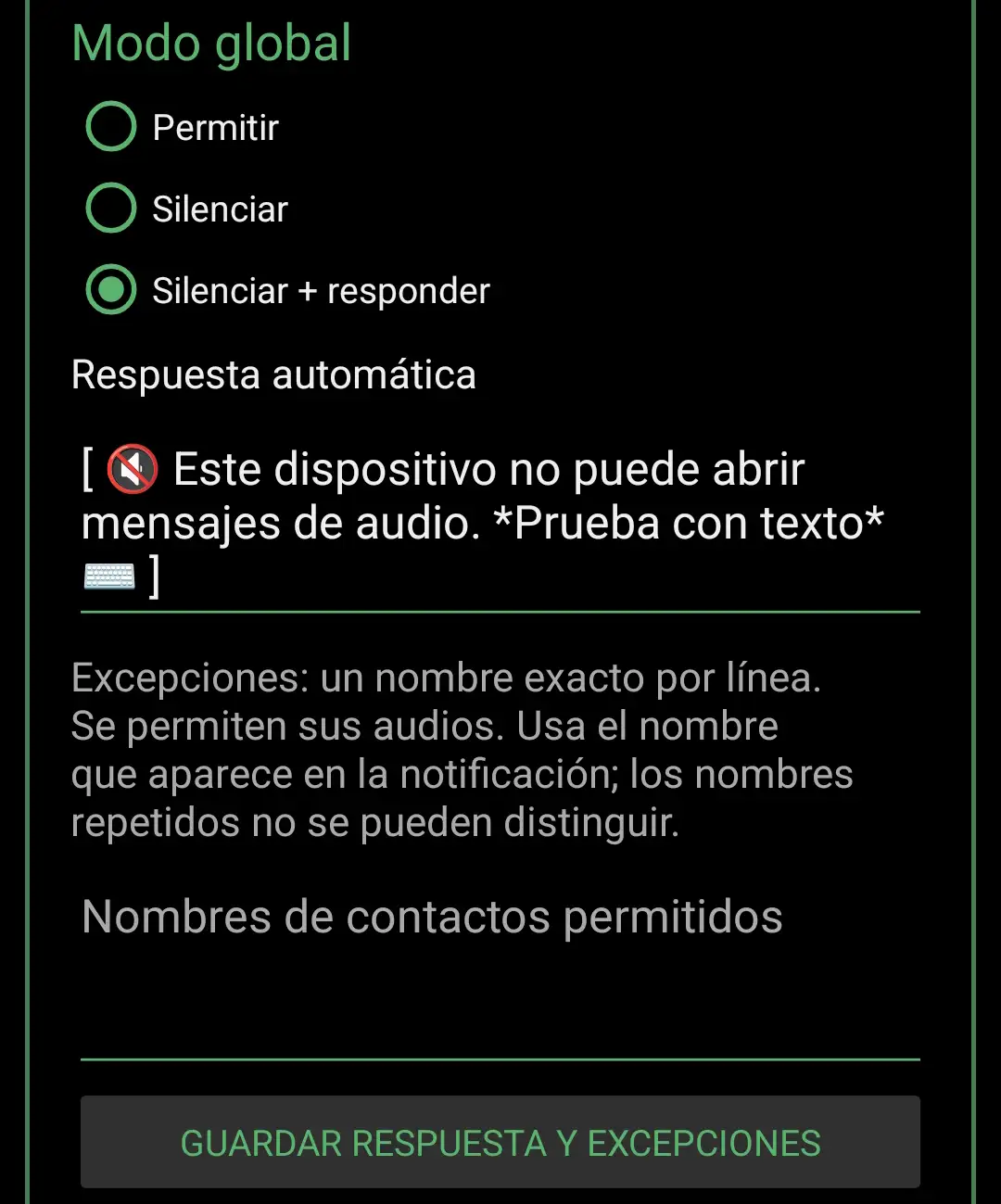 Configuración de respuesta y excepciones